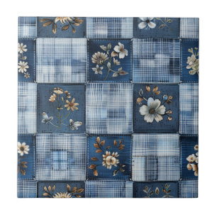 Bloemmotief Patchwork Patroon   Boho Denim Tegeltje