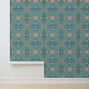 Bloemmotief pauw blauw geel en roze behang