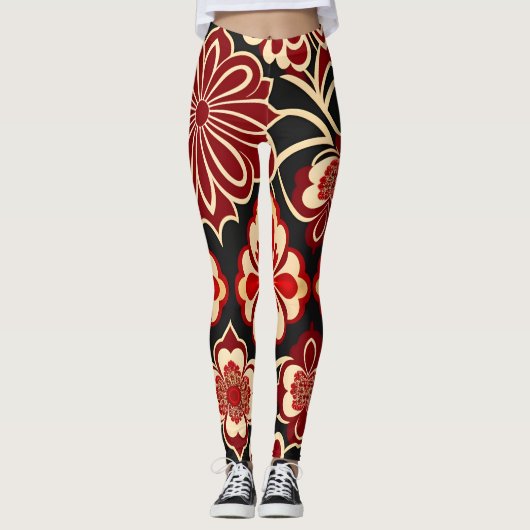  bloemmotief rood groen leggings (Voorkant)
