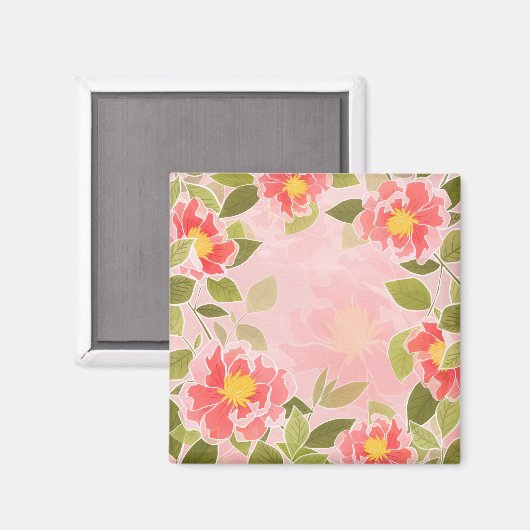 Bloemmotief roze en koraal achtergrond magneet (Voorkant / Achterkant)