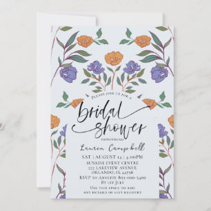 Bloemmotief Stofblauw & Oranje Bruidsdouche Kaart