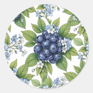 Bloemmotief van blauwe bosbes in vintage botanisch ronde sticker