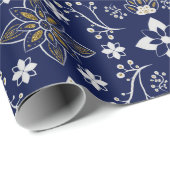 Bloemmotief van geel en wit op marineblauw cadeaupapier (Rol Hoek)