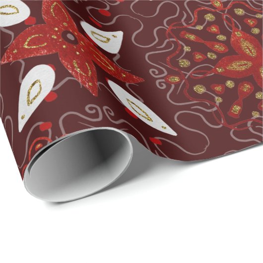 Bloemmotief van rood en wit op bordeauxrood cadeaupapier (Rol Hoek)