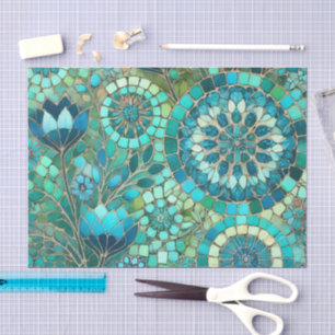 Bloemmozaïek Marine Blauw Groene Bloemen Decoupage Tissuepapier