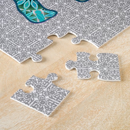 Bloemolifant mandala, turkooizen, grijs en wit legpuzzel (Zijkant)