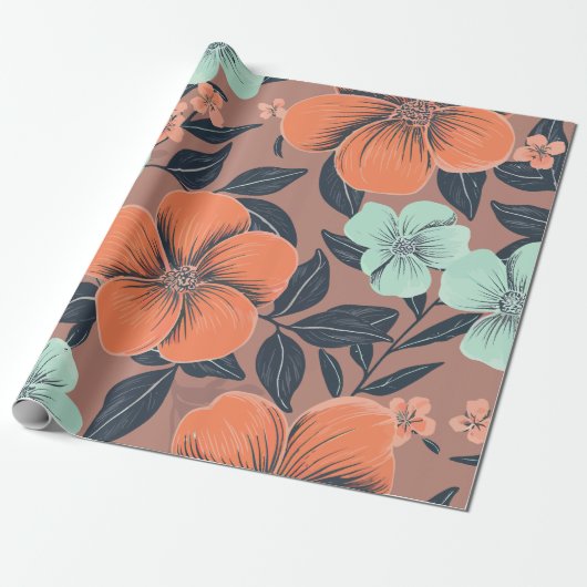 Bloemontwerp met koraal en ijsblauwe bloemen cadeaupapier (Uitgerold)