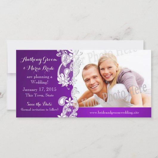 Bloemontwerp Paarse Save the Date Foto (Voorkant)
