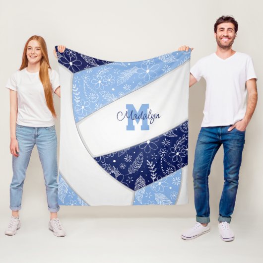 Bloempaisleys Navy lichtblauw volleybal Fleece Deken (In situ)