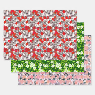 Bloempatronen, rood, roze en grijs, wit en groen inpakpapier vel