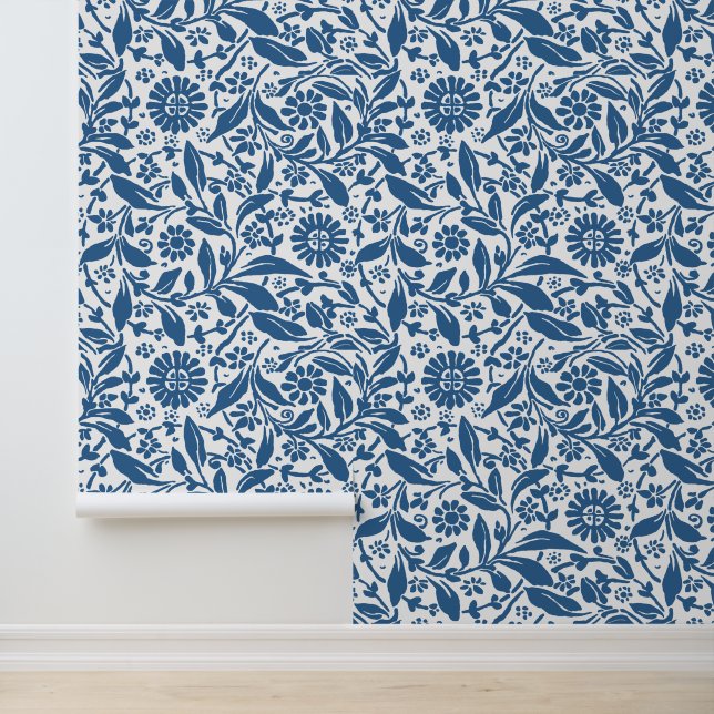 Bloempatroon  Blauw Wit Antiek Look Behang (Applicatie)