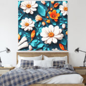 Bloempatroon Blauwe achtergrond Canvas Afdruk (Insitu (Slaapkamer))