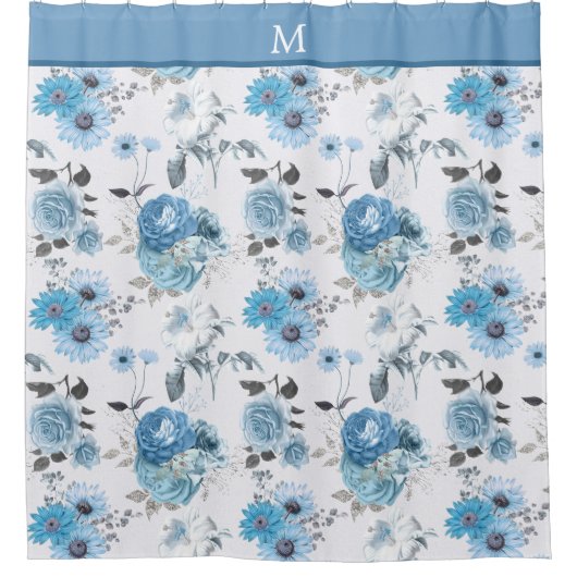 Bloempatroon Blauwe Rand Monogram Douchegordijn