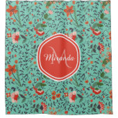 Bloempatroon in Blauwgroen en Sinaasappel en Rood  Douchegordijn (Voorkant)