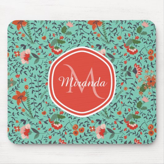 Bloempatroon in Blauwgroen en Sinaasappel en Rood  Muismat (Voorkant)