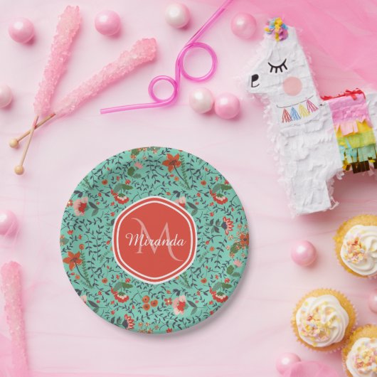 Bloempatroon in Blauwgroen en Sinaasappel en Rood  Papieren Bordje (Feest)