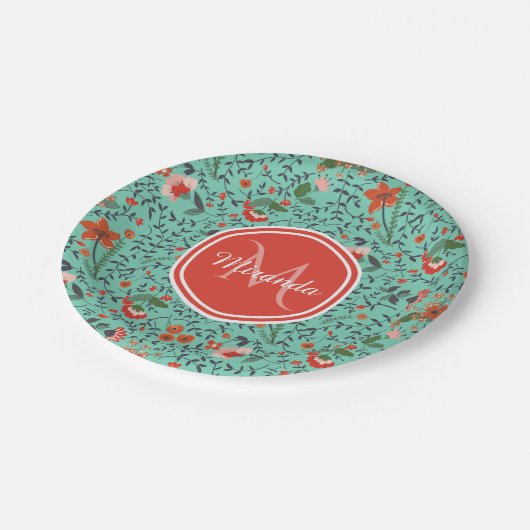 Bloempatroon in Blauwgroen en Sinaasappel en Rood  Papieren Bordje (Gekanteld)