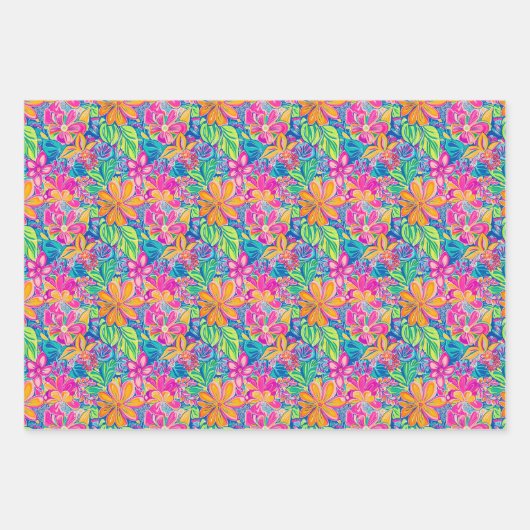 Bloempatroon in Levendig Roze, Blauw, Sinaasappel  Inpakpapier Vel (Voorkant 2)
