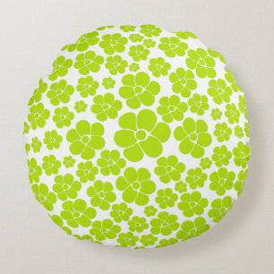 Bloempatroon in Lime Groen en Wit Rond Kussen