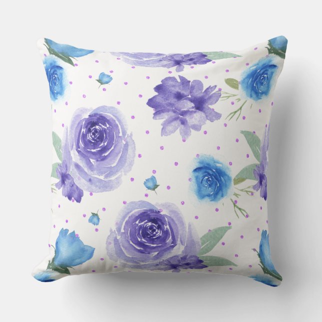 Bloempatroon lavender en blauwe waterverven kussen (Voorkant)