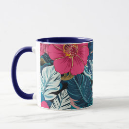 Bloempatroon met roze hibiscus en blauw gebladerte mok
