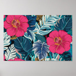 Bloempatroon met roze hibiscus en blauw gebladerte poster