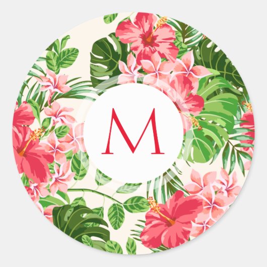 Bloempatroon Rode Hibiscus Monogram Ronde sticker (Voorkant)
