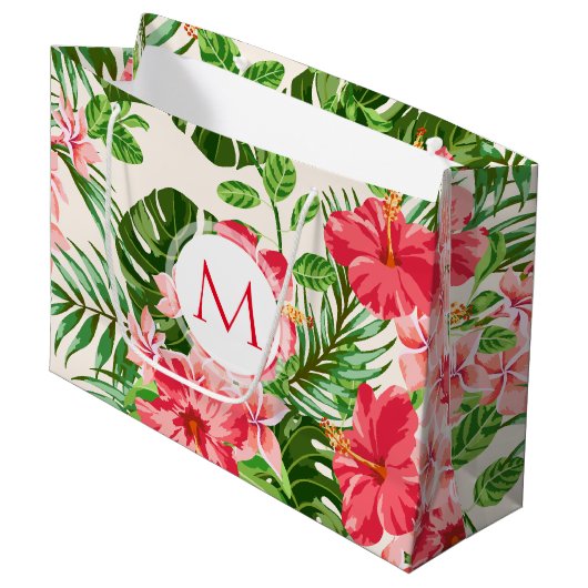 Bloempatroon Rood Hibiscus Monogram L Gift Bag Large Cadeautasje (Voorkant Gekanteld)