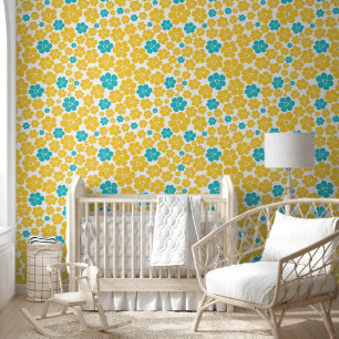 Bloempatroon - Turquoise en Yellow Behang