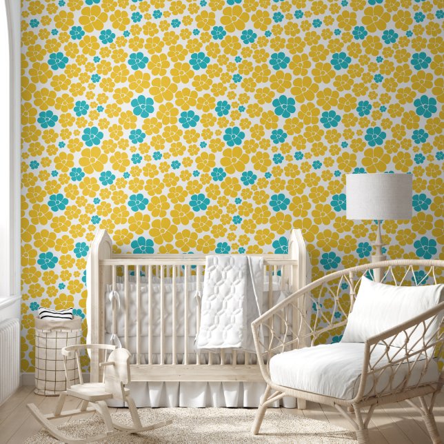 Bloempatroon - Turquoise en Yellow Behang (Kinderen)