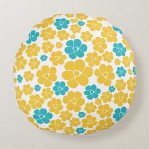 Bloempatroon - Turquoise en Yellow Rond Kussen