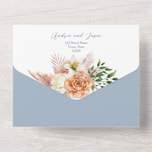 Bloemperzik en stoffige blauwe bruiloft all in one uitnodiging (Achterkant)