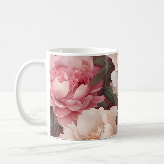 Bloempioen roze en wit koffiemok (Links)