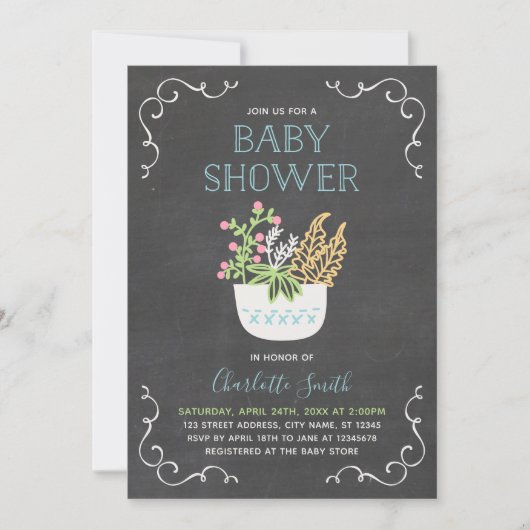 Bloempot Chalkboard Blauw Baby shower Uitnodiging (Voorkant)