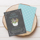 Bloempot Chalkboard Blauw Baby shower Uitnodiging