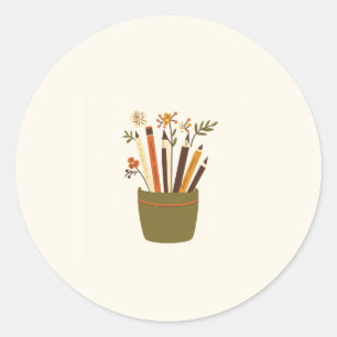 Bloempot potloodsticker met bloemen ronde sticker