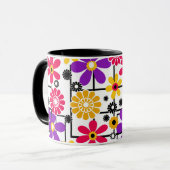 Bloemretro, heldere retro, floraal, rood en geel mok (Voorkant links)