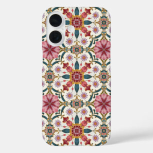 Bloemrijk Boho-patroon in rood, roze en turquoise iPhone 16 Hoesje