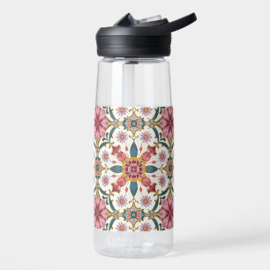 Bloemrijk Boho-patroon in rood, roze en turquoise Waterfles
