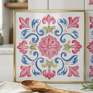 Bloemrijk Botanisch Roze Blauw Groen Tegeltje