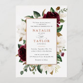 Bloemrijk Burgundy Wit Elegante Frame Roze Goud Folie Uitnodiging (Voorkant)