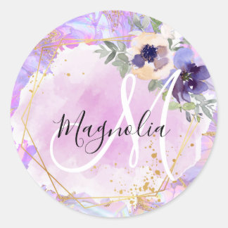 Bloemrijk paars, roze en gouden regenboog marmer m ronde sticker