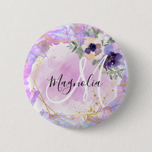 Bloemrijk paars, roze en gouden regenboog marmeren ronde button 5,7 cm