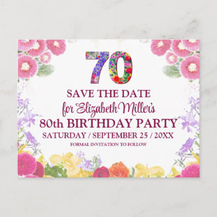 Bloemrijke 70e verjaardag Save the Date Roze Briefkaart
