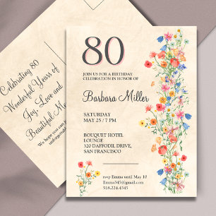 Bloemrijke 80ste verjaardag Elegant feest Uitnodiging Briefkaart