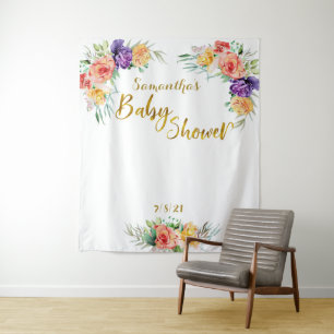 Bloemrijke Baby Shower Gouden Achtergrond Fotohokj Wandkleed