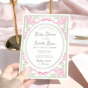 Bloemrijke baby shower roze en groen kaart