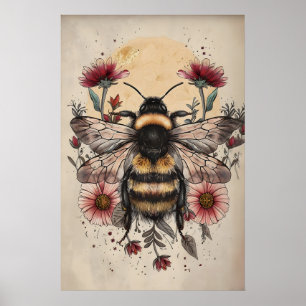 Bloemrijke Bij Zonprint, Retro Botanische Kunst (D Poster