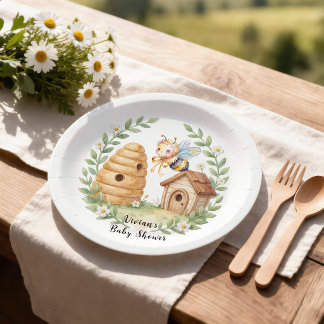 Bloemrijke Bijenkorven en Kleine Bij Baby Shower Papieren Bordje