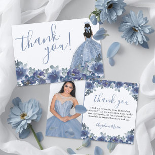 Bloemrijke Blauwe Quinceanera Bedankkaart